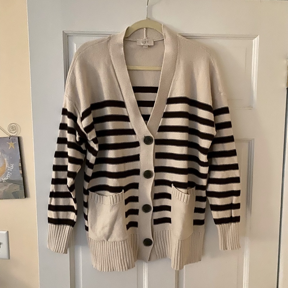 Loft, large cream and brown striped button down cardigan